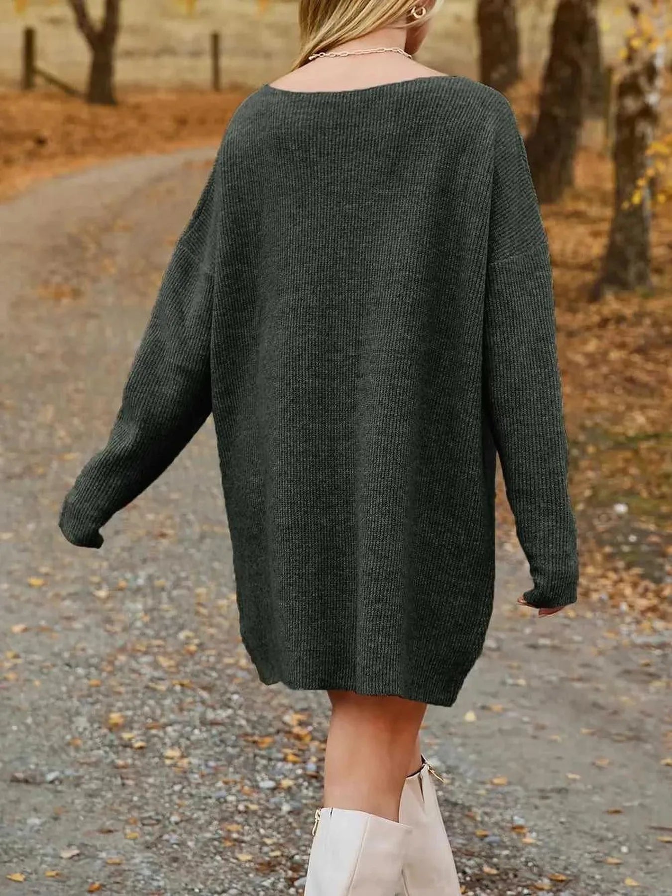 V-Neck Dropped Shoulder Sweater Dress -- 