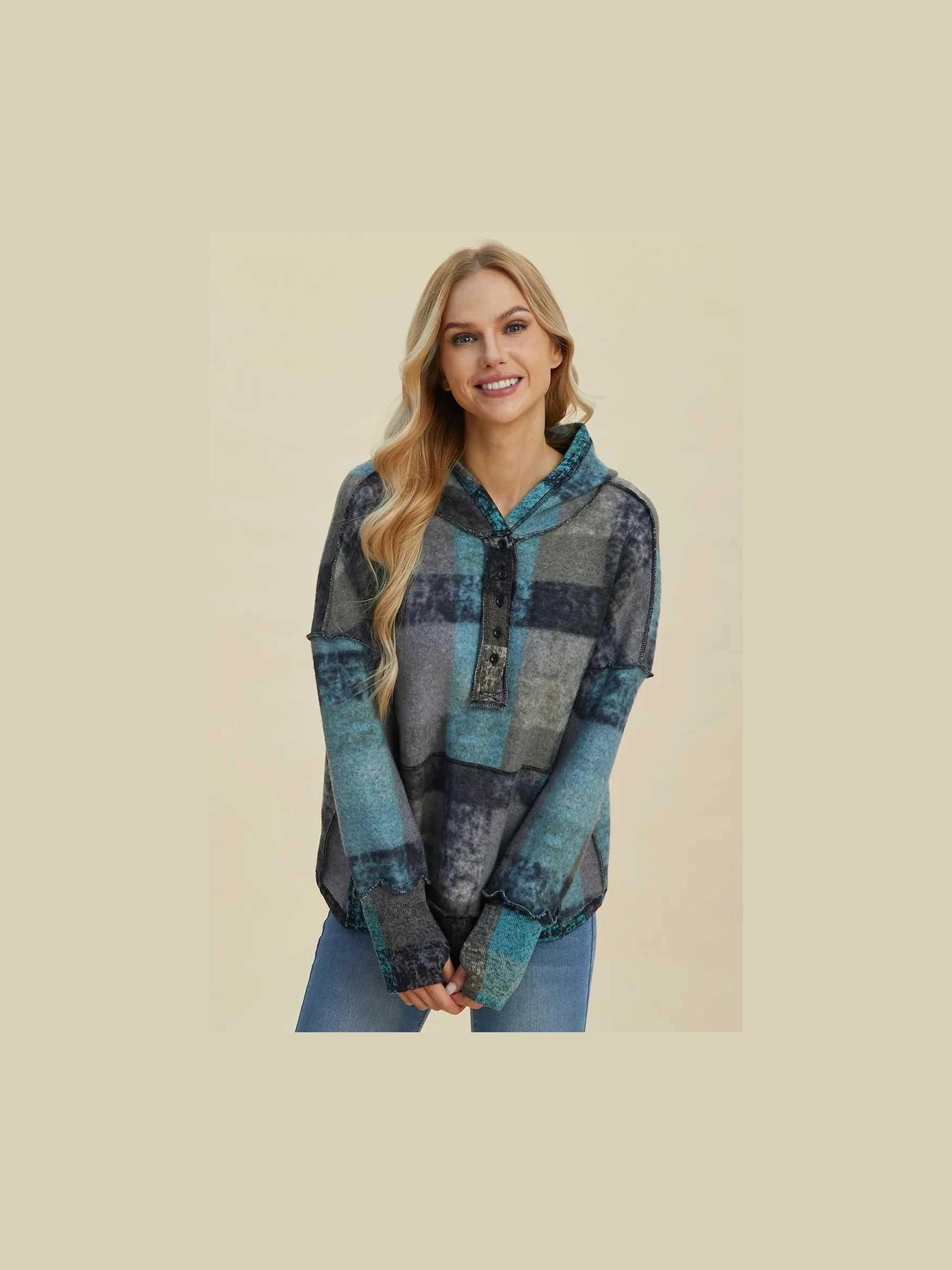 Double Take Full Size Plaid Dropped Shoulder Fleece Hoodie -- 