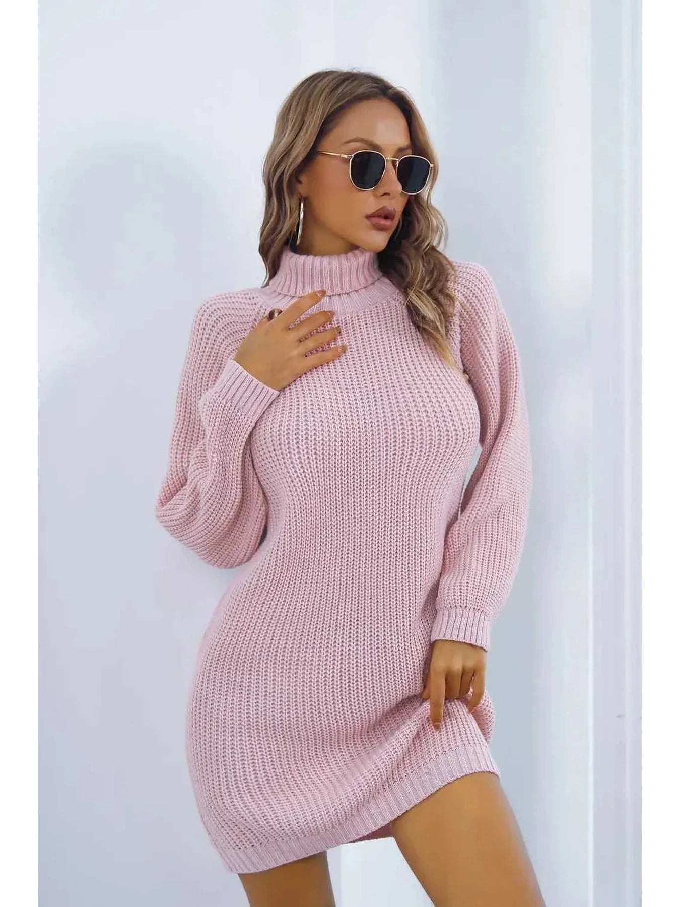 Buttoned Turtleneck Long Sleeve Sweater Dress -- 