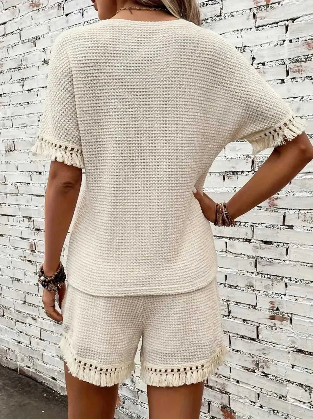 Tassel Round Neck Top and Shorts Set -- 