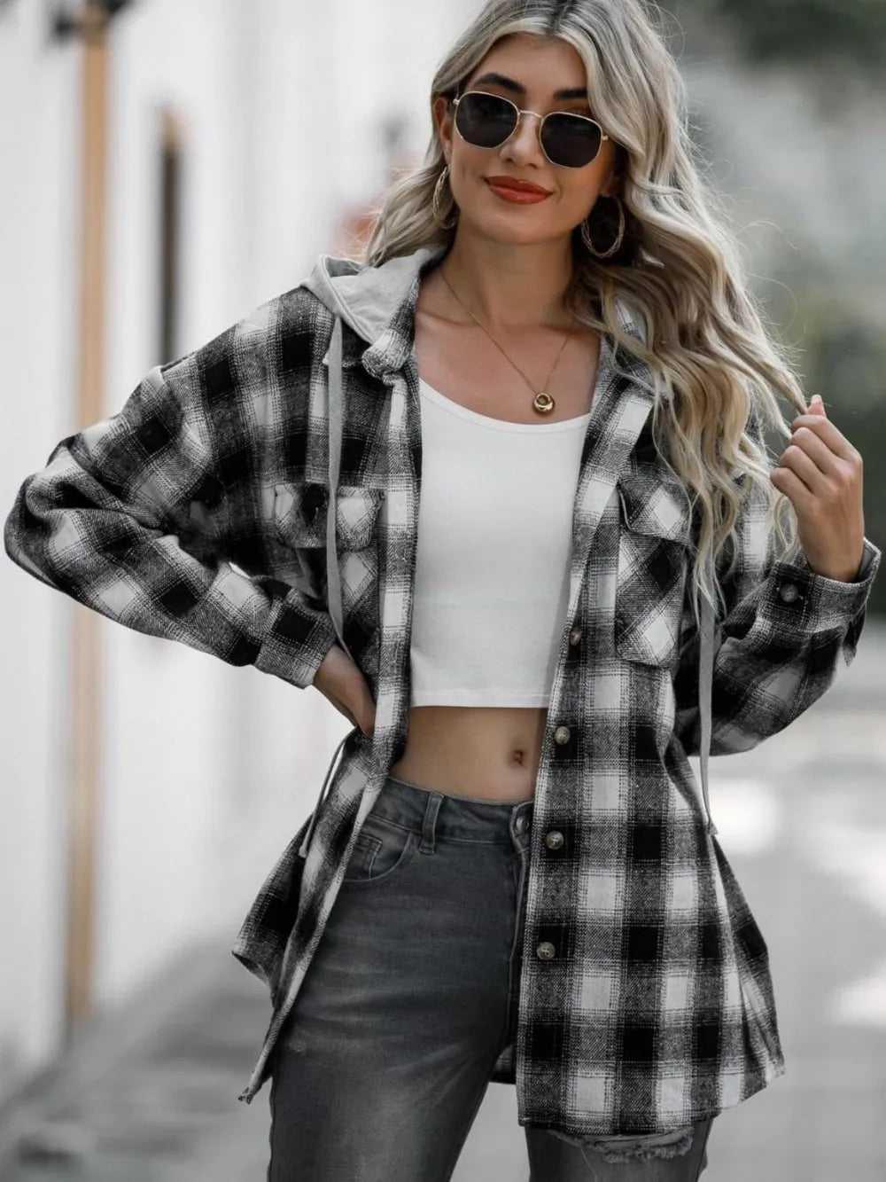 Double Take Drawstring Plaid Long Sleeve Hooded Shacket -- 