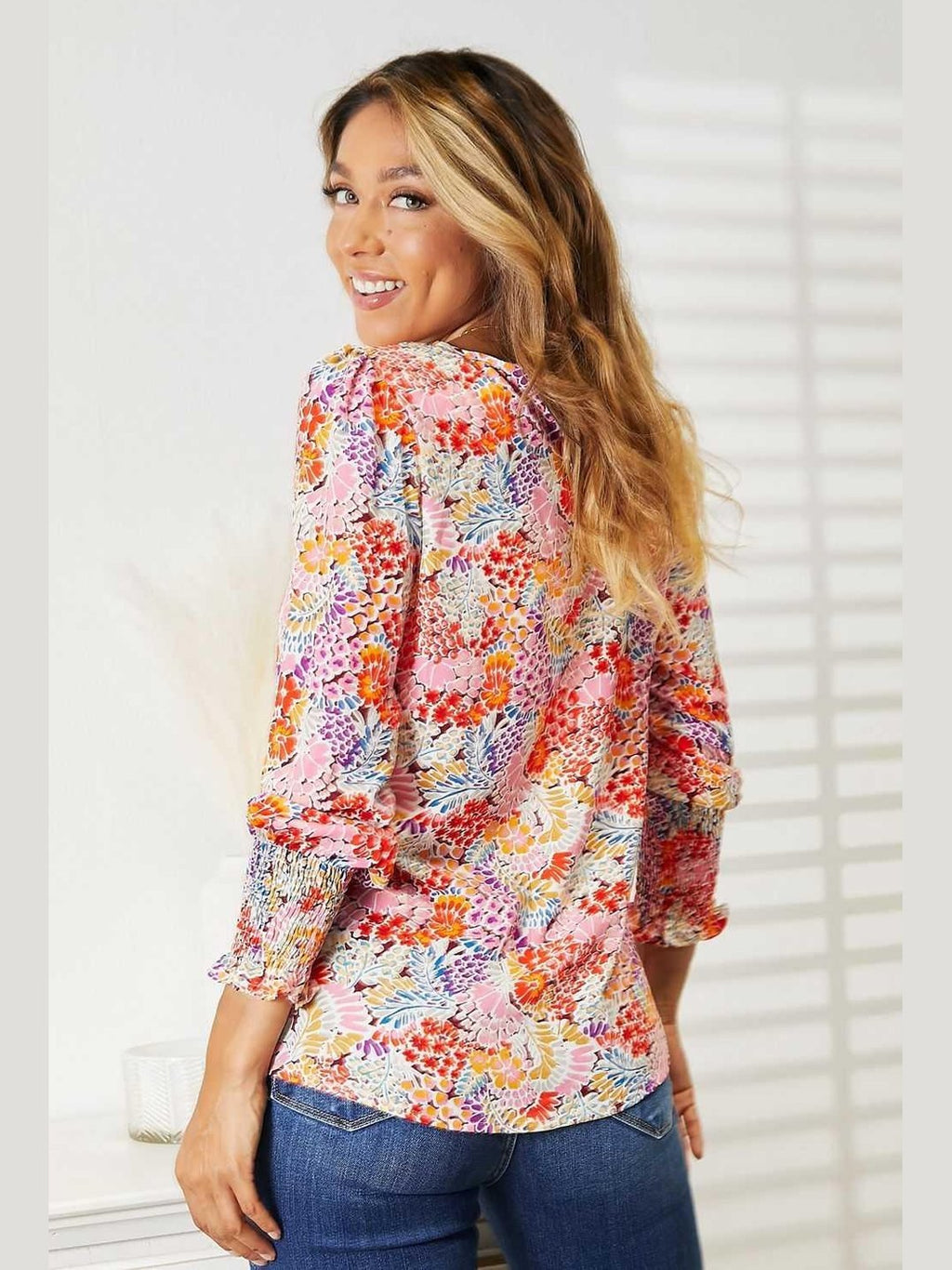 Double Take Floral Print Long Puff Sleeve Blouse -- 
