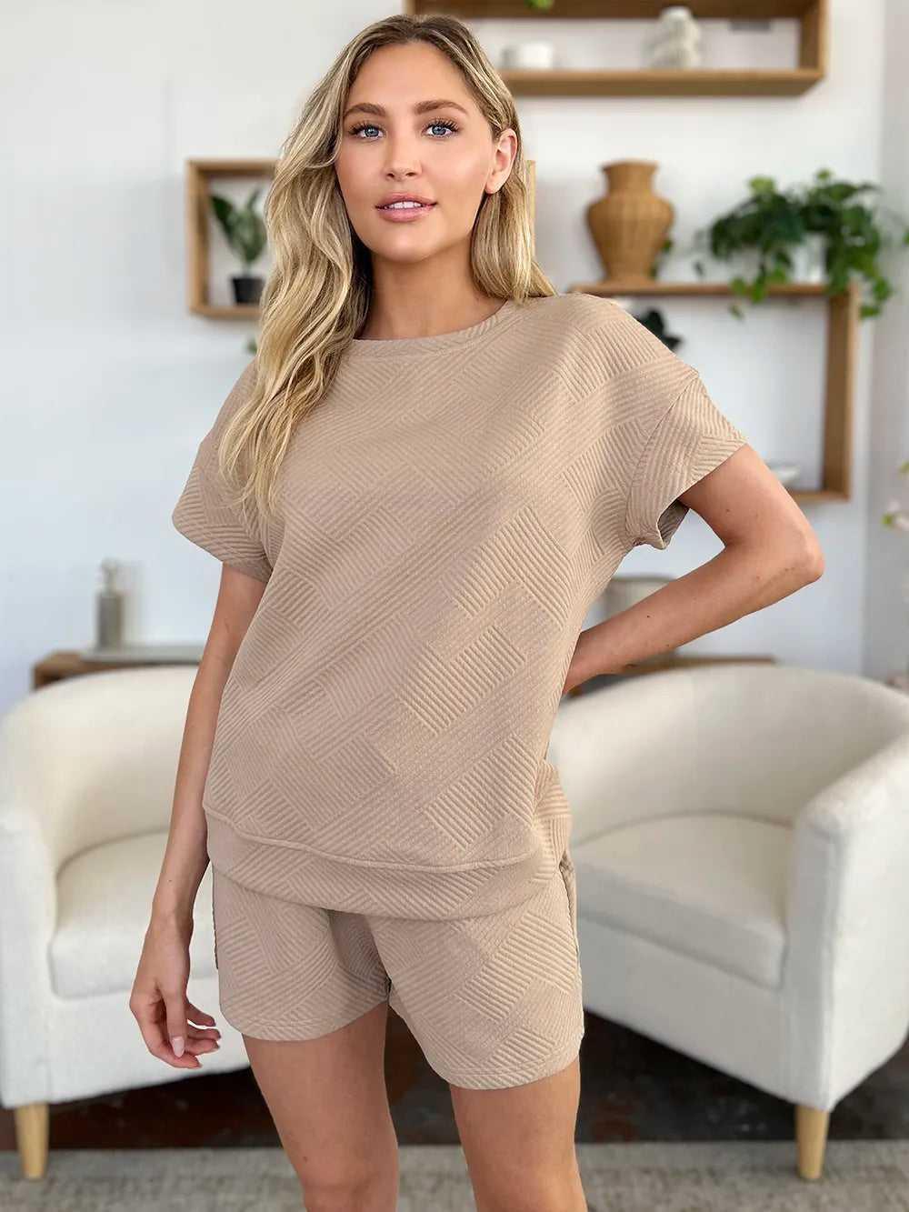 Double Take Full Size Texture Short Sleeve T-Shirt and Drawstring Shorts Set -- 