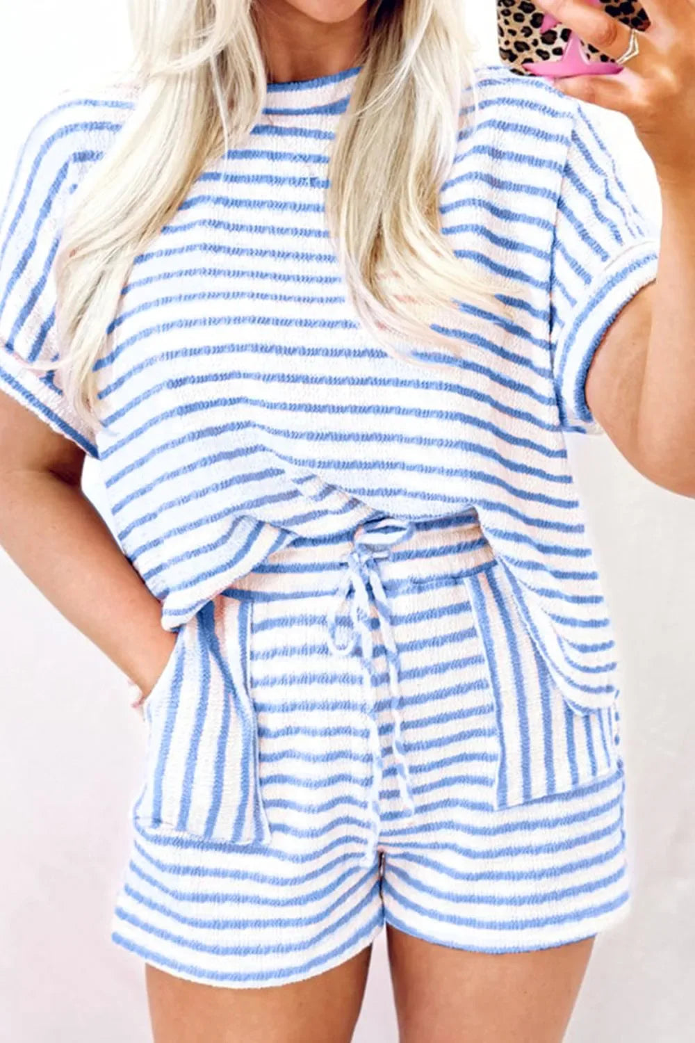 Stripe Knitted Short Sleeve Top and Drawstring Shorts Set -- 