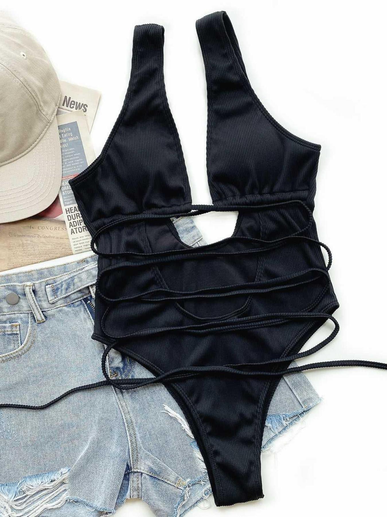 Ribbed Lace Up One-Piece Swimsuit -- 
