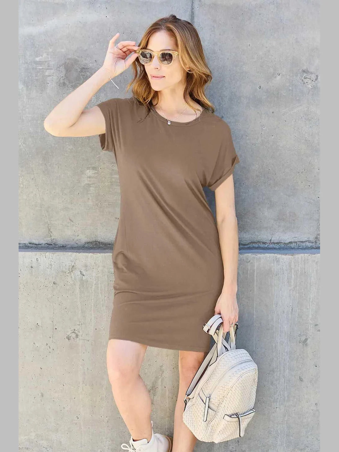 Basic Bae Full Size Round Neck Short Sleeve Dress with Pockets -- 