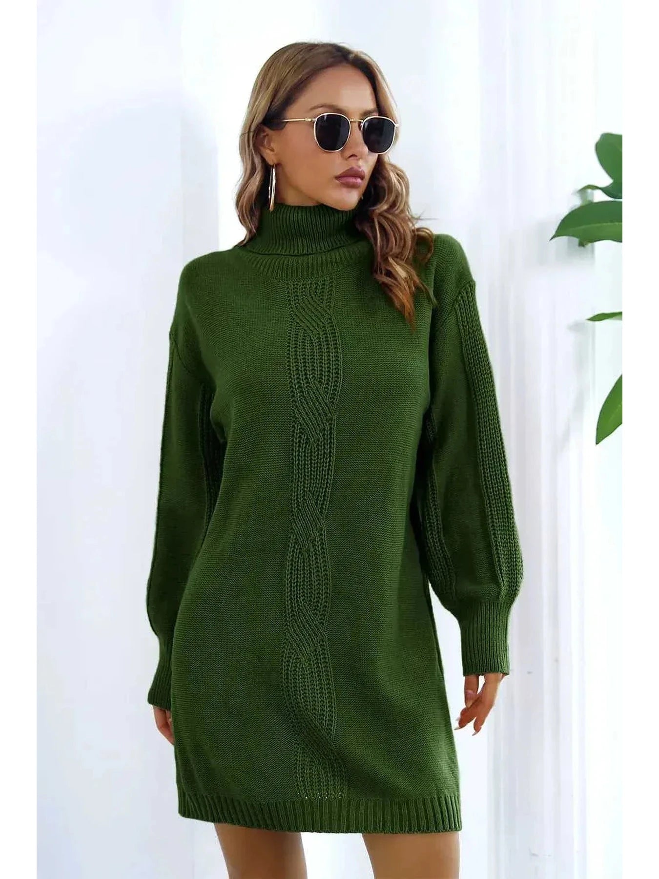 Openwork Turtleneck Long Sleeve Sweater Dress -- 