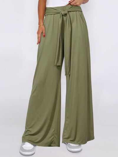 Tied Wide Leg Pants with Pockets -- 