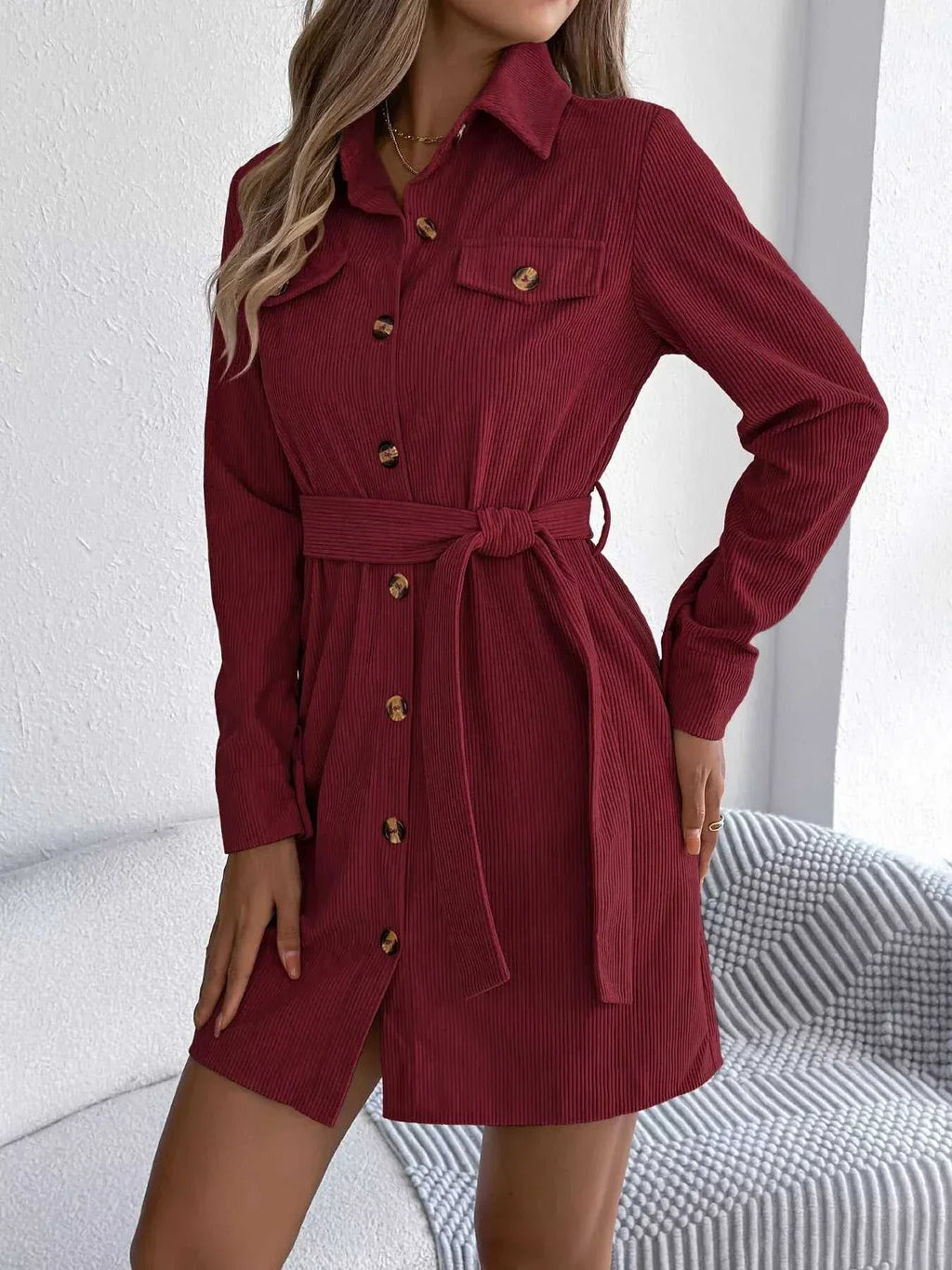 Button-Front Corduroy Shirt Dress -- 