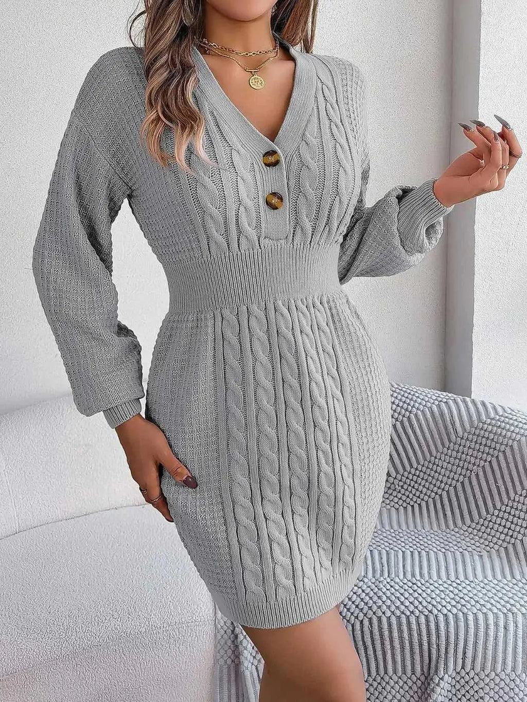 Buttoned Cable-Knit V-Neck Sweater Dress -- 