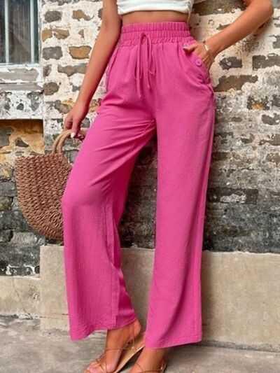 Tied High Waist Wide Leg Pants with Pockets -- 