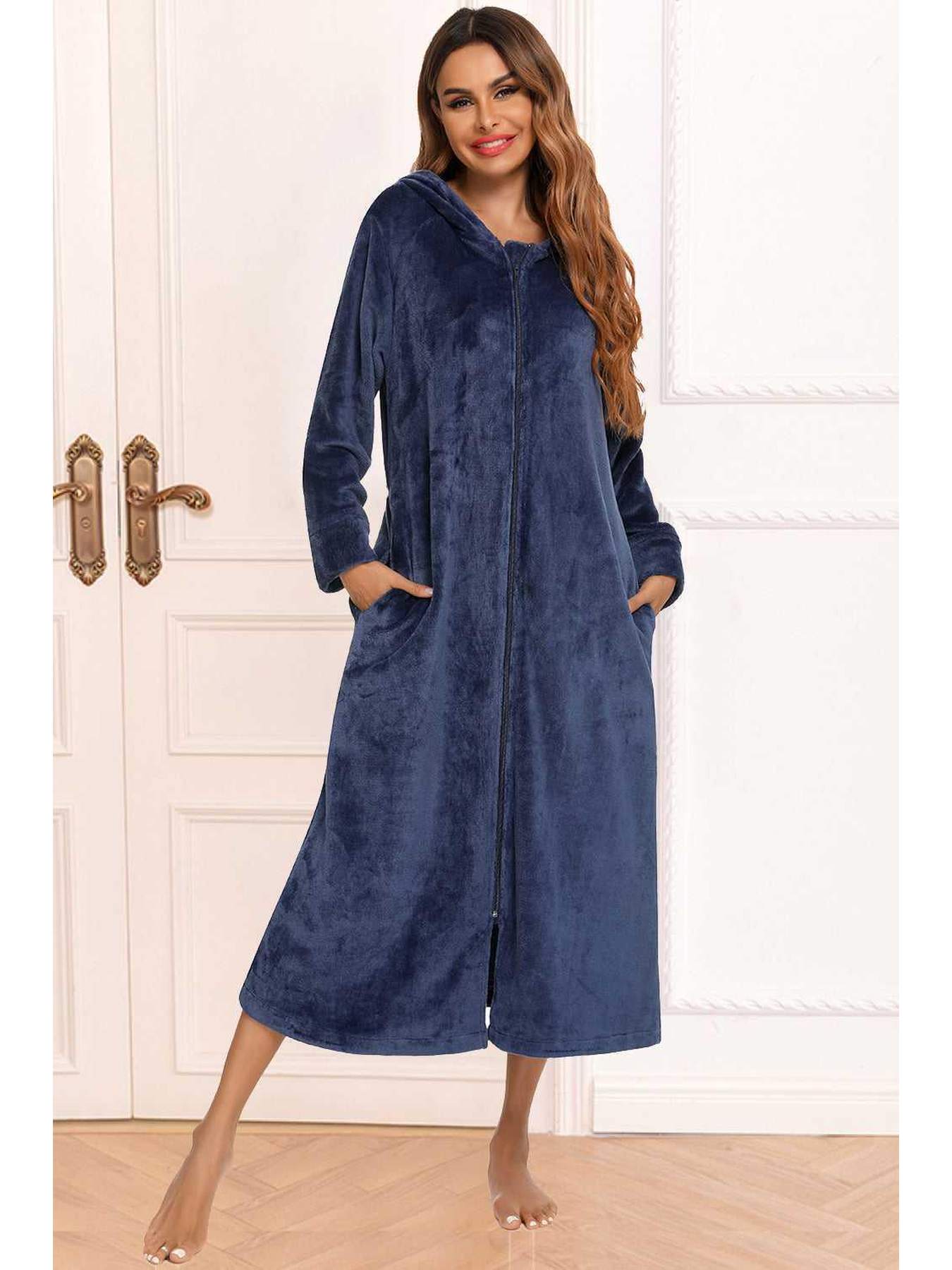 Zip Front Hooded Night Dress with Pockets -- 