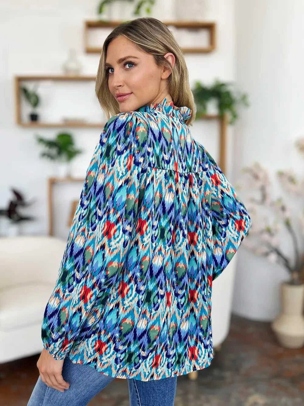 Double Take Full Size Printed Balloon Sleeve Blouse -- 
