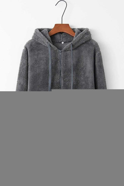Full Size Quarter-Zip Drawstring Teddy Hoodie