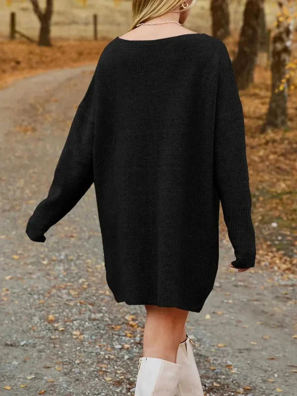 V-Neck Dropped Shoulder Sweater Dress -- 