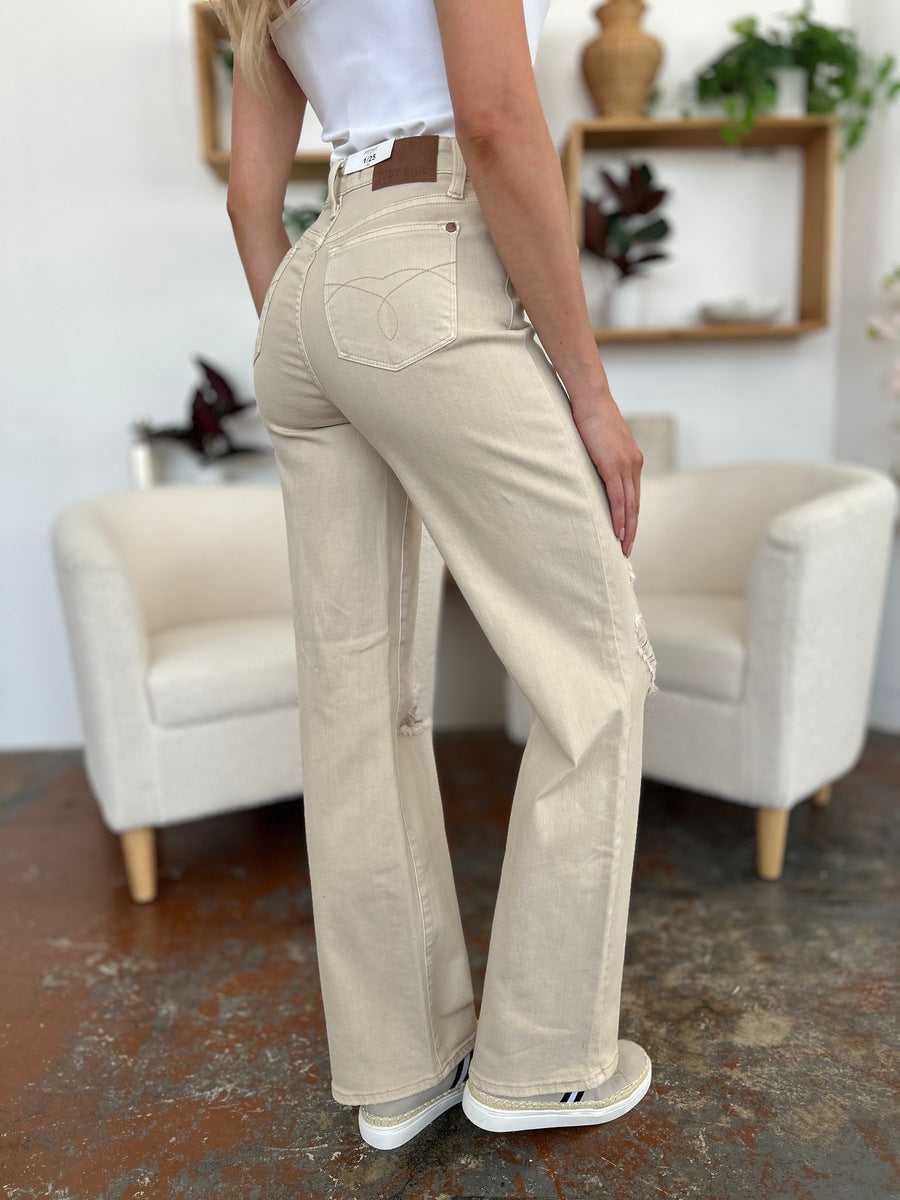 Judy Blue Full Size High Waist Distressed Wide Leg Jeans -- 