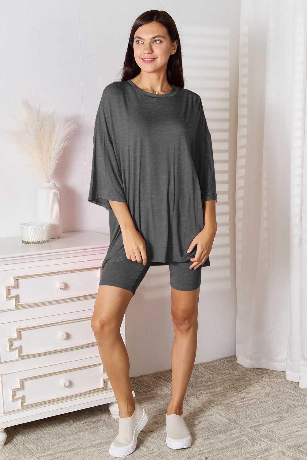 Basic Bae Full Size Soft Rayon Three-Quarter Sleeve Top and Shorts Set -- 