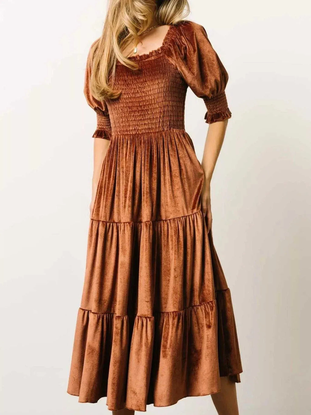 Velvet Smocked Tiered Midi Dress -- 