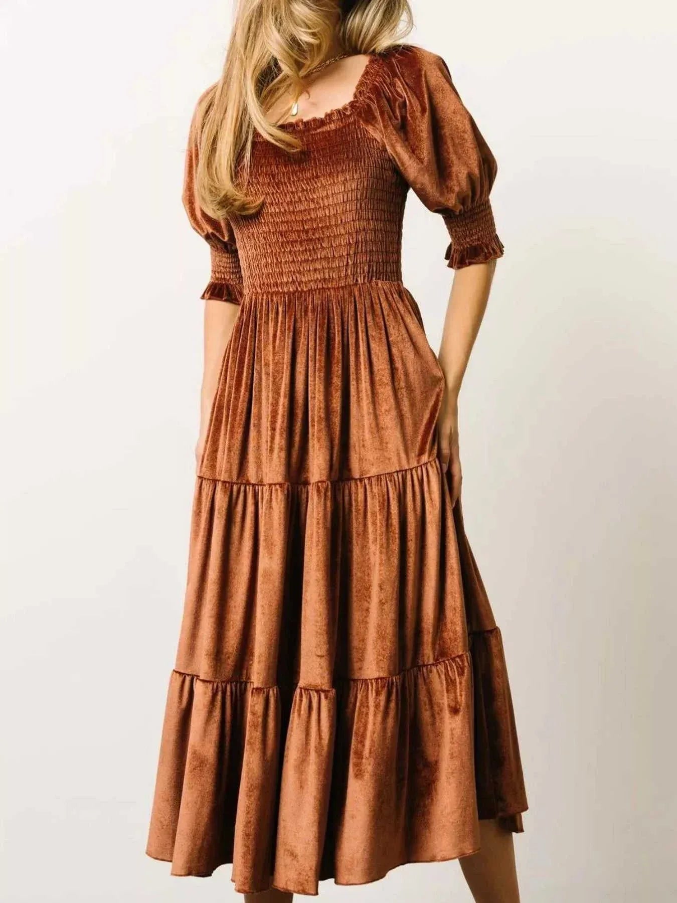 Velvet Smocked Tiered Midi Dress -- 