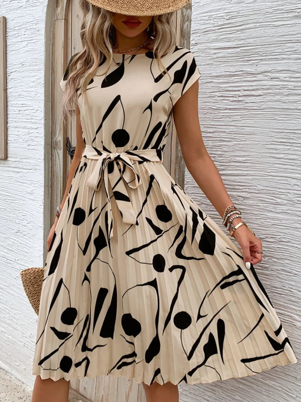 Tied Pleated Printed Midi Dress – Modest Cap Sleeve