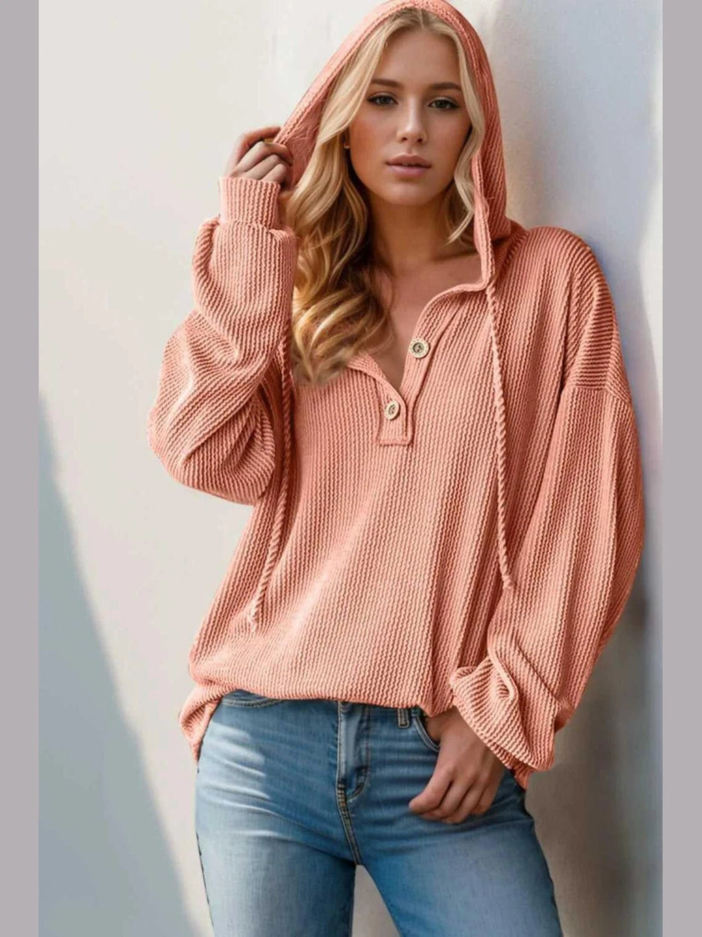 Double Take Full Size Half Button Long Sleeve Hoodie -- 