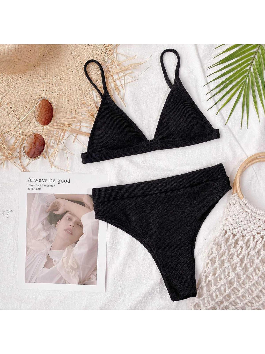 Spaghetti Strap Ribbed Bikini Set -- 