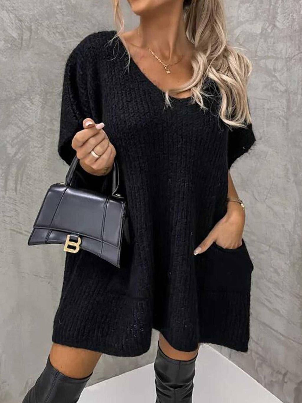 Short Sleeve Sweater Dress with Pockets -- 