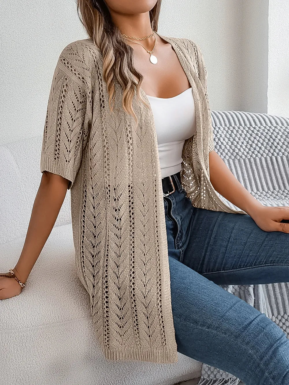 Openwork Open Front Half Sleeve Cardigan – White, Tan & Burnt Coral