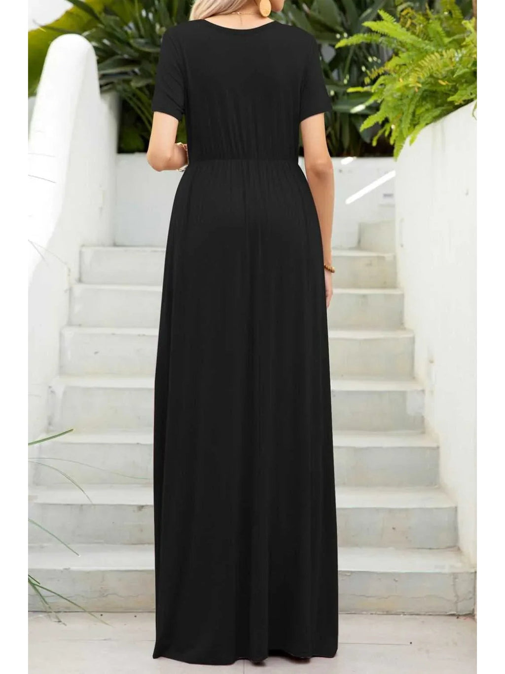 Round Neck Maxi Tee Dress with Pockets -- 