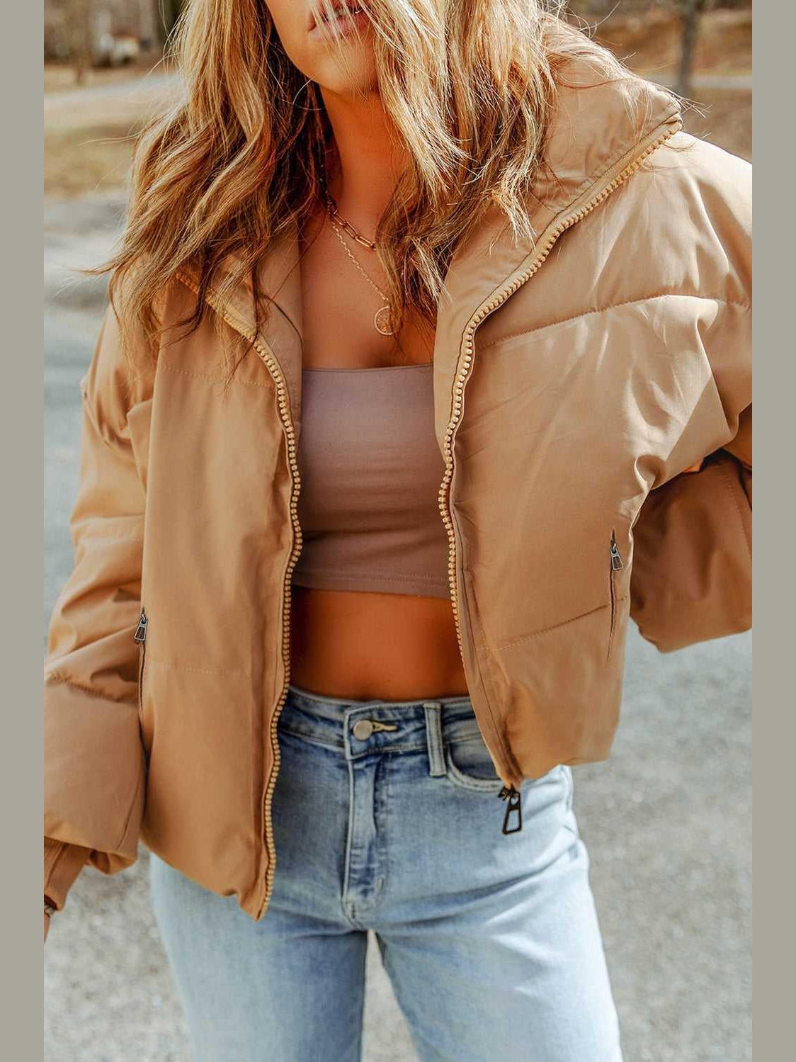 Zip Up Collared Neck Coat with Pockets -- 