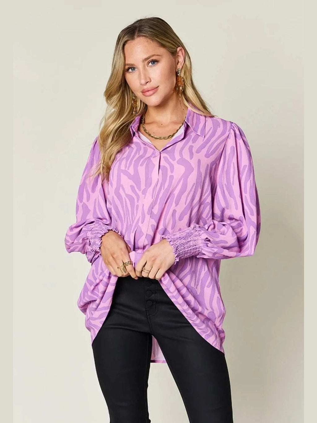 Double Take Full Size Printed Smocked Long Sleeve Blouse Plus Size -- 