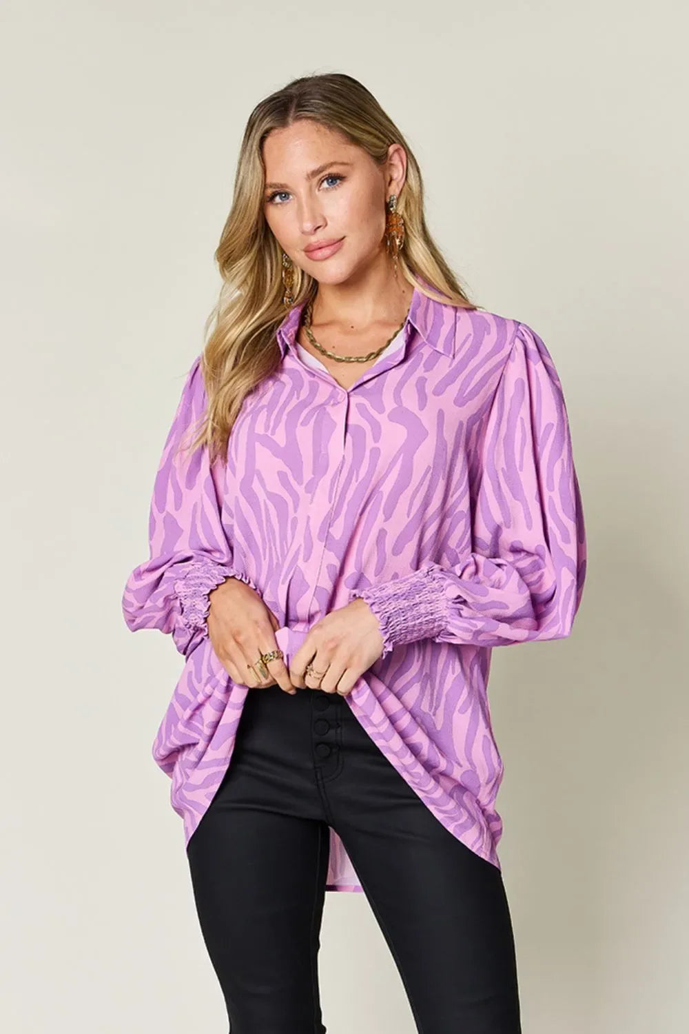 Double Take Full Size Printed Smocked Long Sleeve Blouse Plus Size -- 