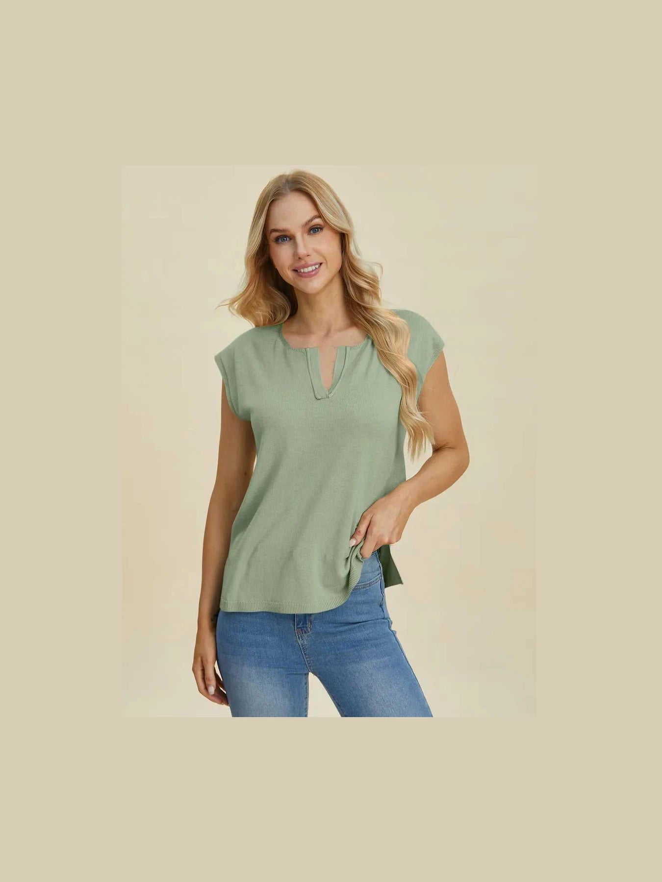 Double Take Full Size Notched Cap Sleeve Knit Top -- 