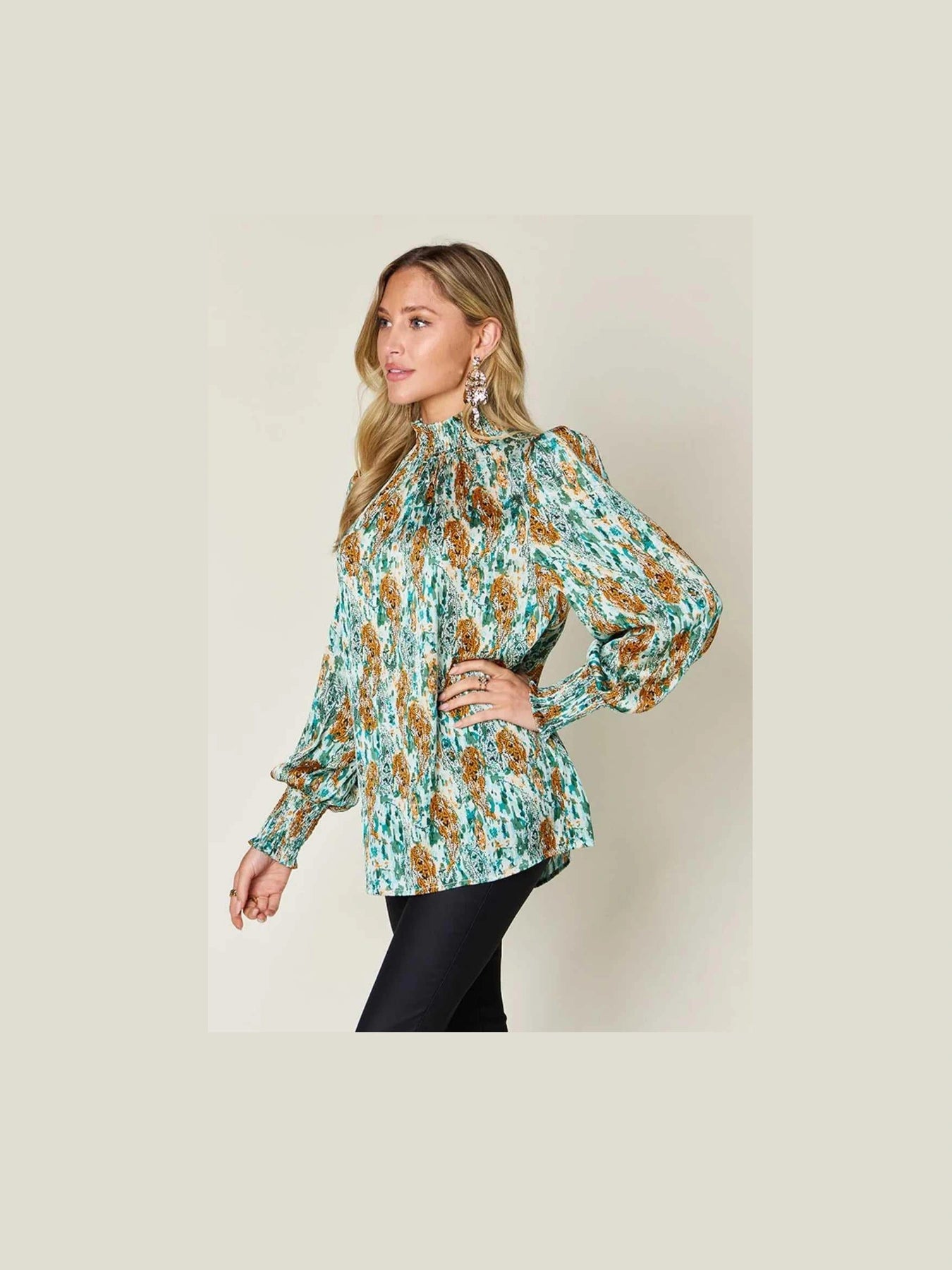Double Take Full Size Printed Smocked Long Sleeve Blouse -- 