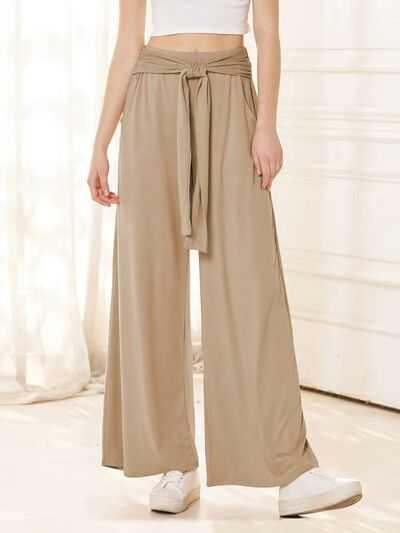 Tied Wide Leg Pants with Pockets -- 