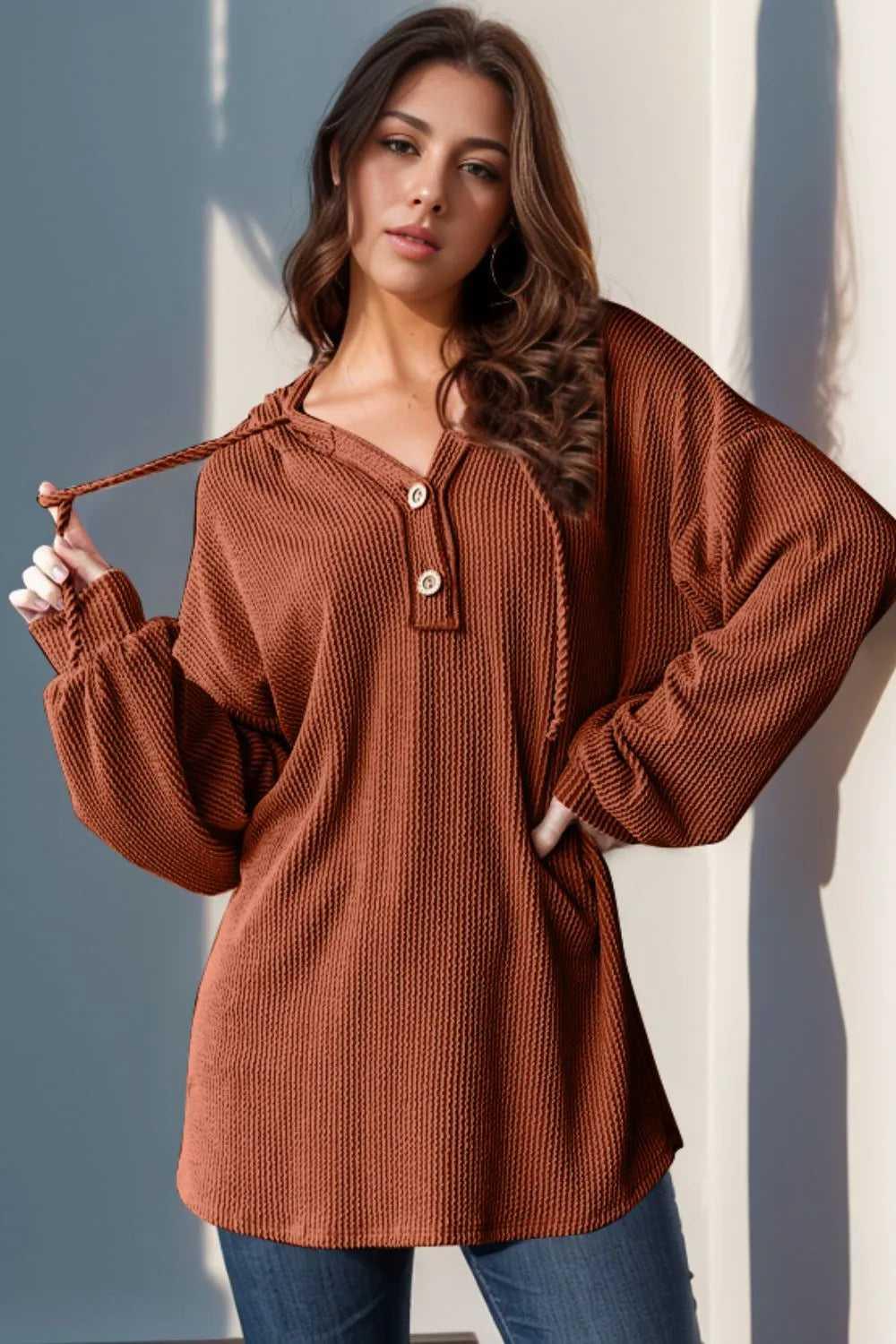 Double Take Full Size Half Button Long Sleeve Hoodie -- 