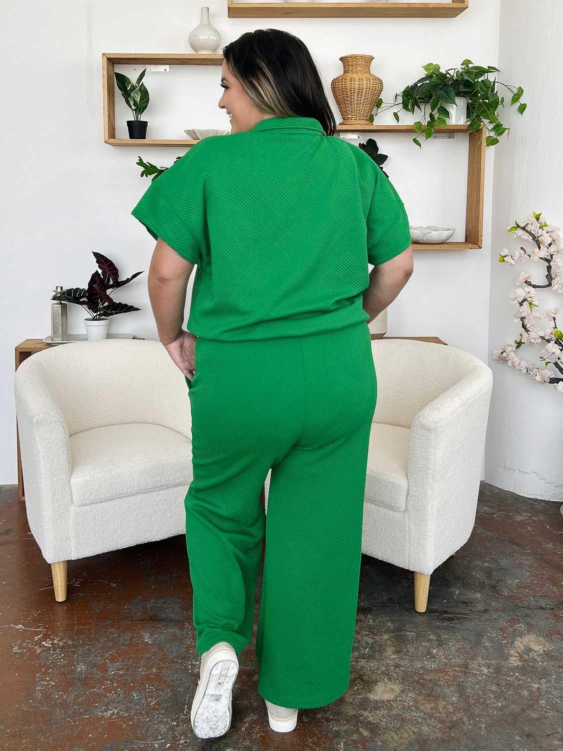 Double Take Full Size Texture Half Zip Short Sleeve Top and Pants Set -- 