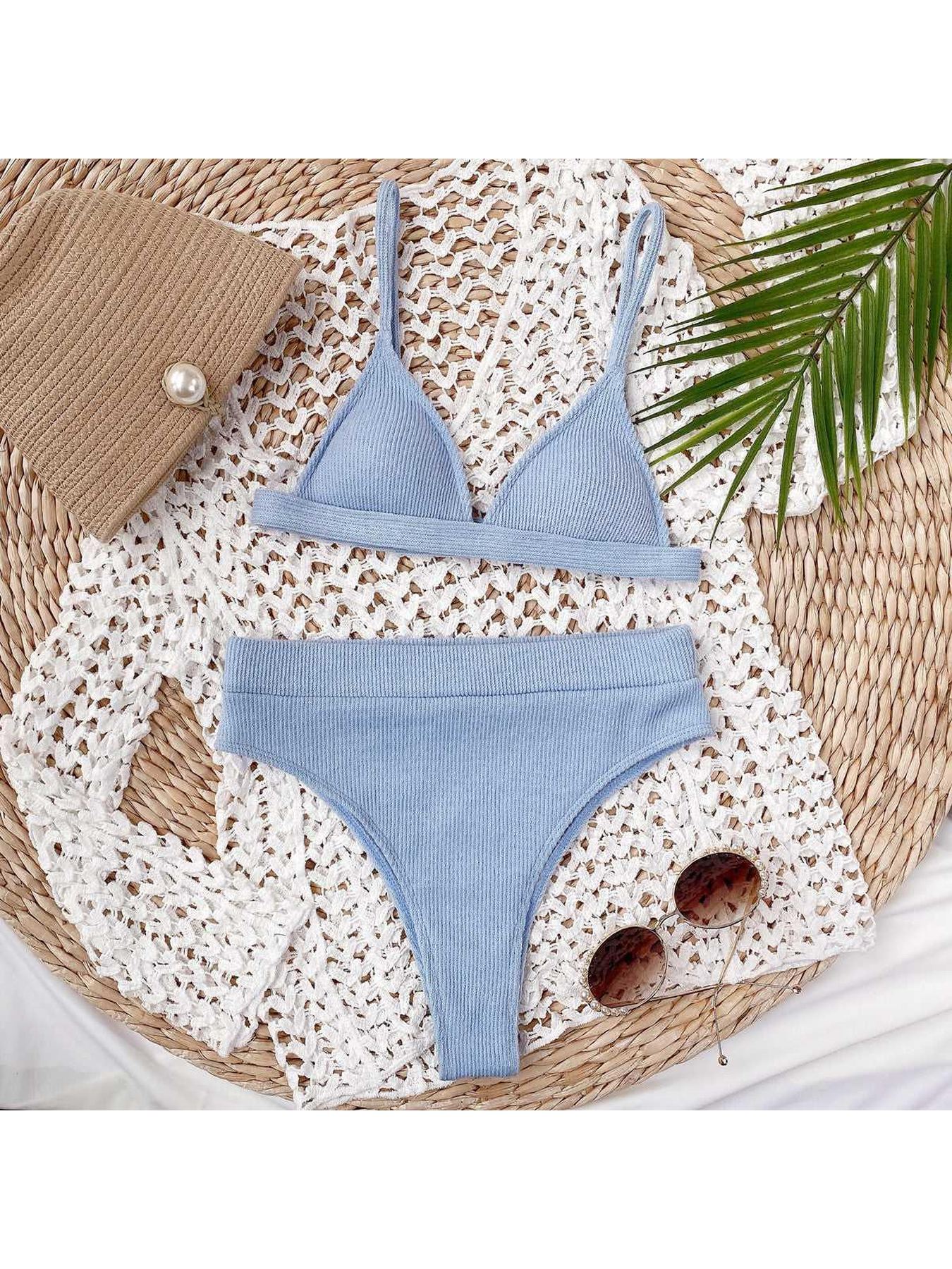 Spaghetti Strap Ribbed Bikini Set -- 