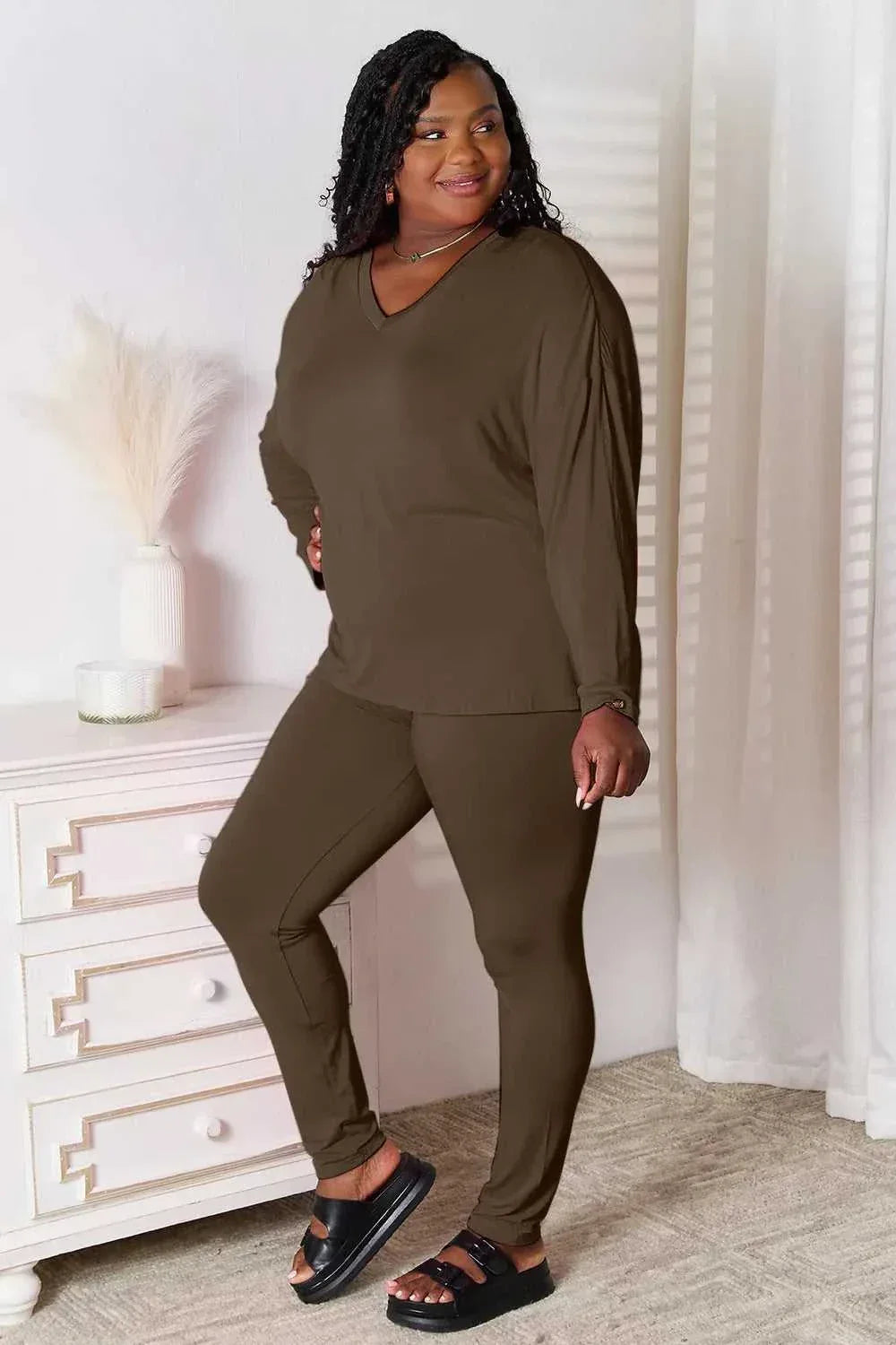 Basic Bae Bamboo Full Size V-Neck Long Sleeve Top and Pants Lounge Set -- 