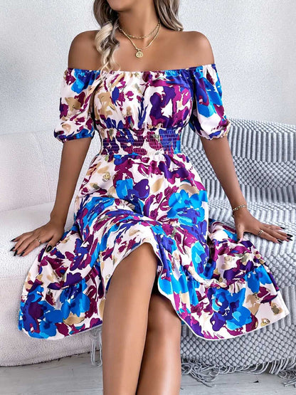 Ruffled Hem Smocked Floral Short Sleeve Midi Dress