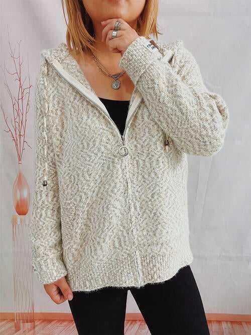 Zip Up Drawstring Long Sleeve Hooded Sweater -- 