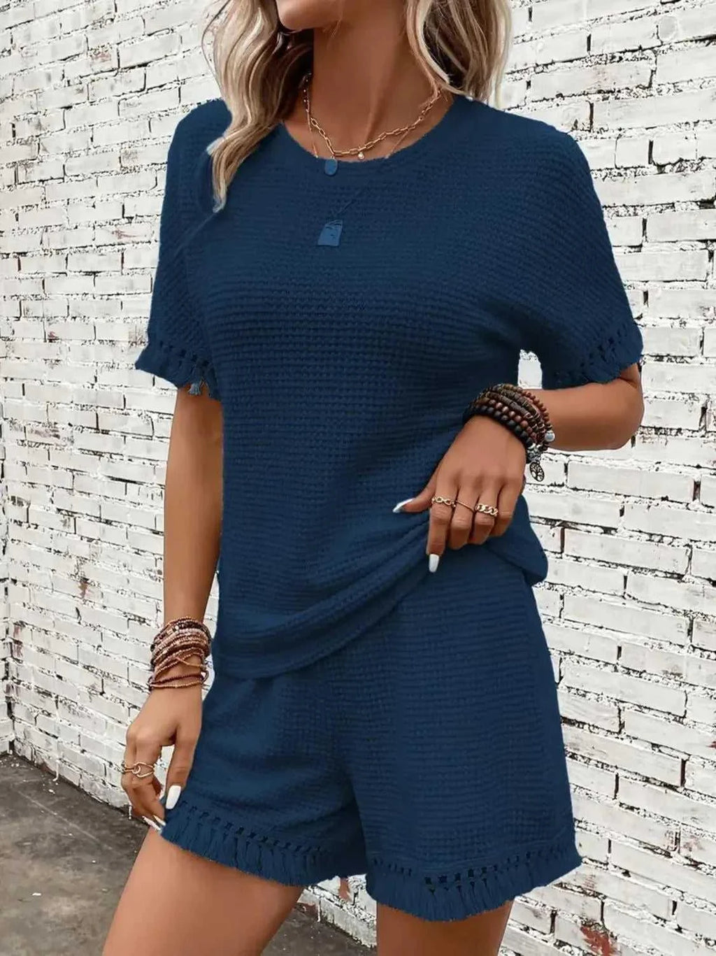 Tassel Round Neck Top and Shorts Set -- 