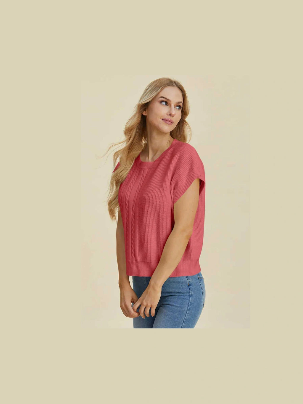 Double Take Full Size Cable-Knit Round Neck Short Sleeve Sweater -- 