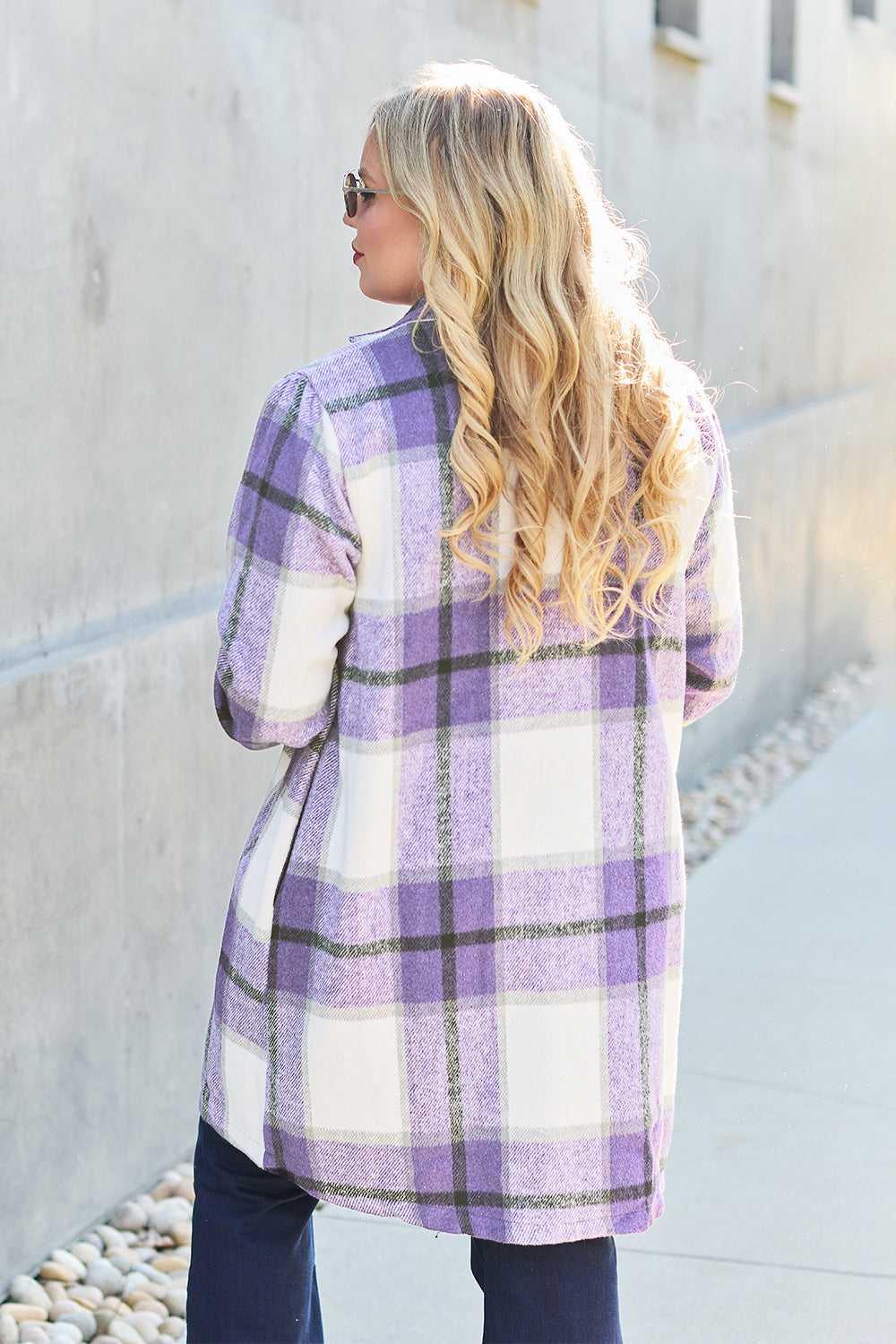 Double Take Full Size Plaid Button Up Lapel Collar Coat -- 