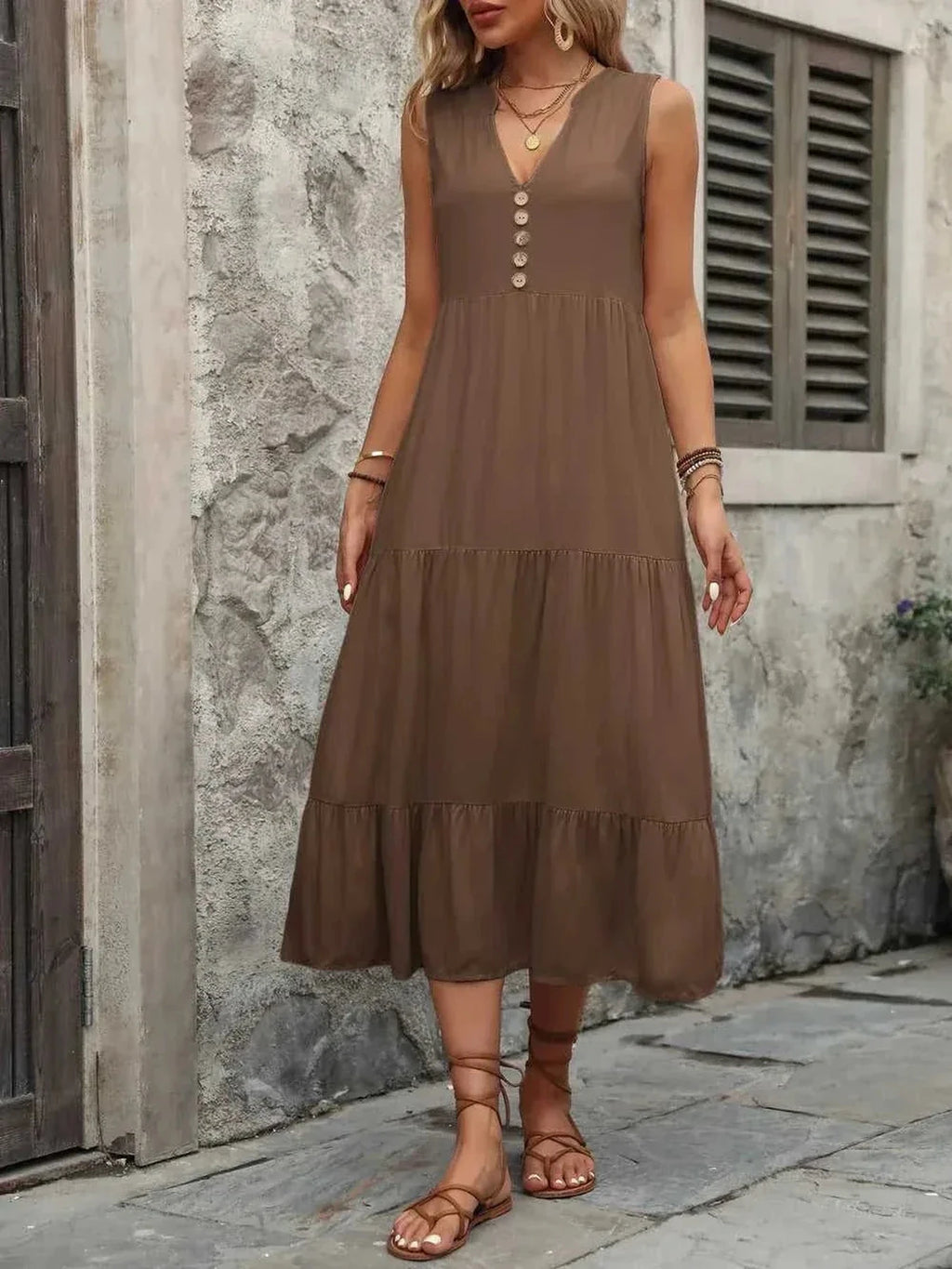 Ivy Lane Decorative Button Notched Sleeveless Dress -- 