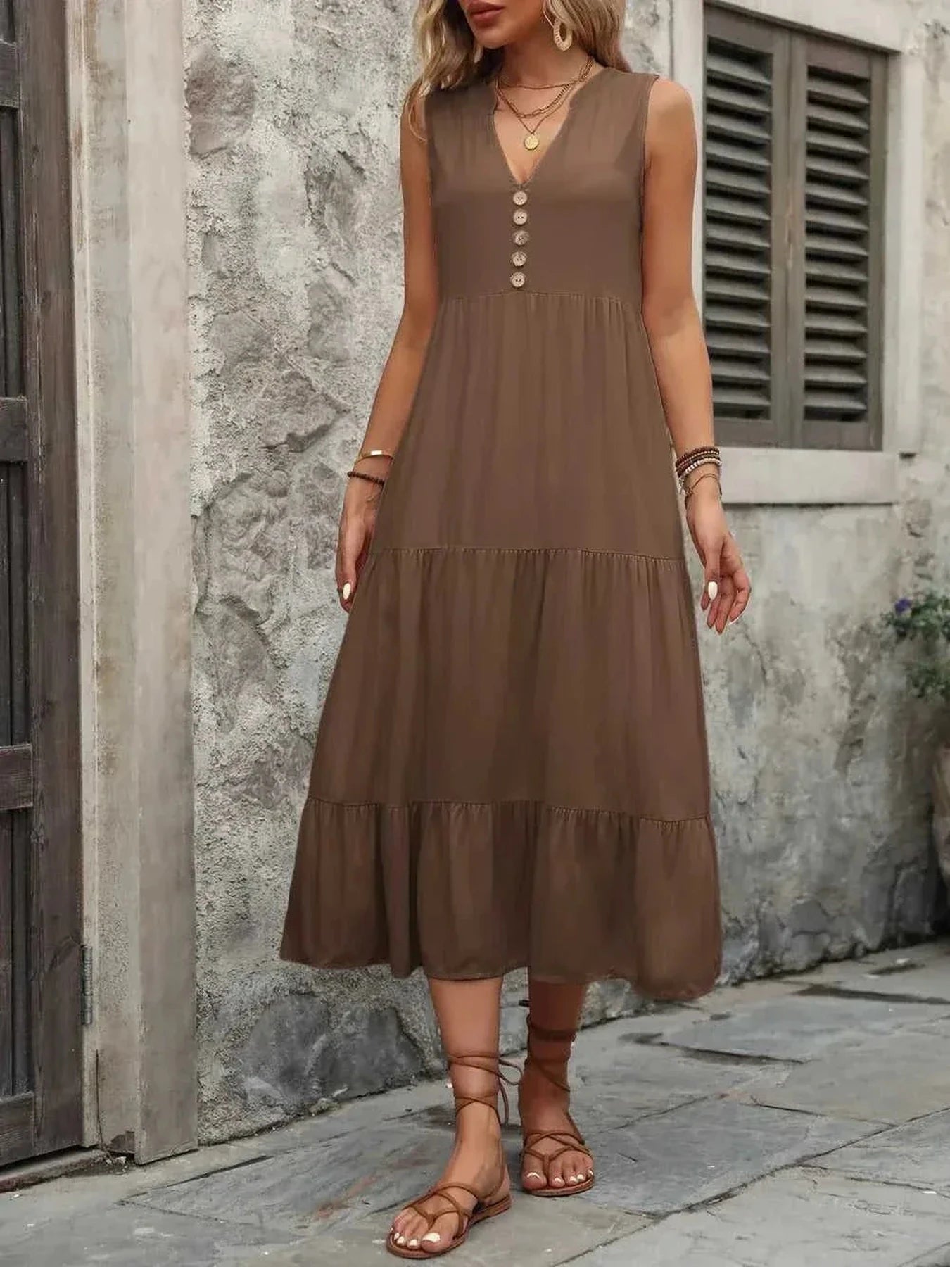Ivy Lane Decorative Button Notched Sleeveless Dress -- 