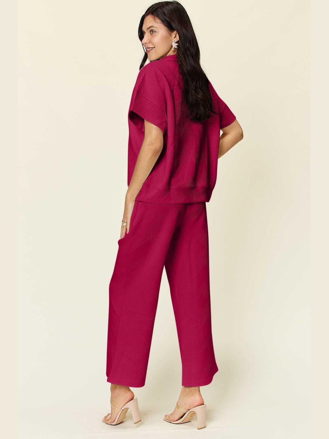 Double Take Full Size Texture Half Zip Short Sleeve Top and Pants Set -- 