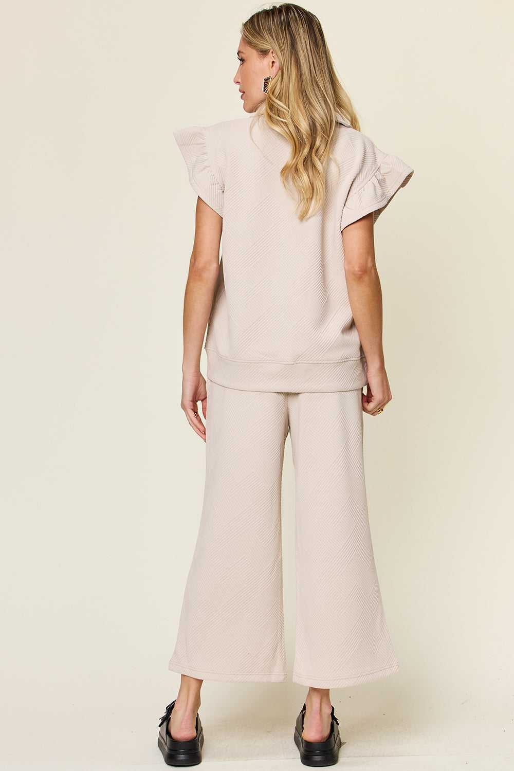 Ruffle Short Sleeve Top and Drawstring Wide Leg Pants Set