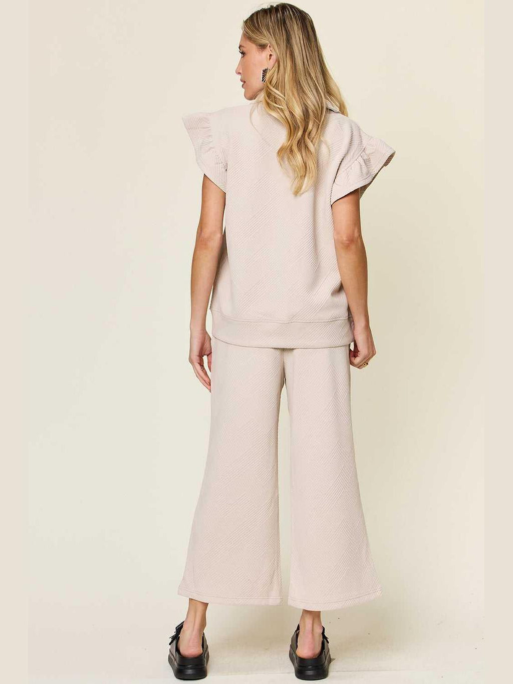 Ruffle Short Sleeve Top and Drawstring Wide Leg Pants Set -- 