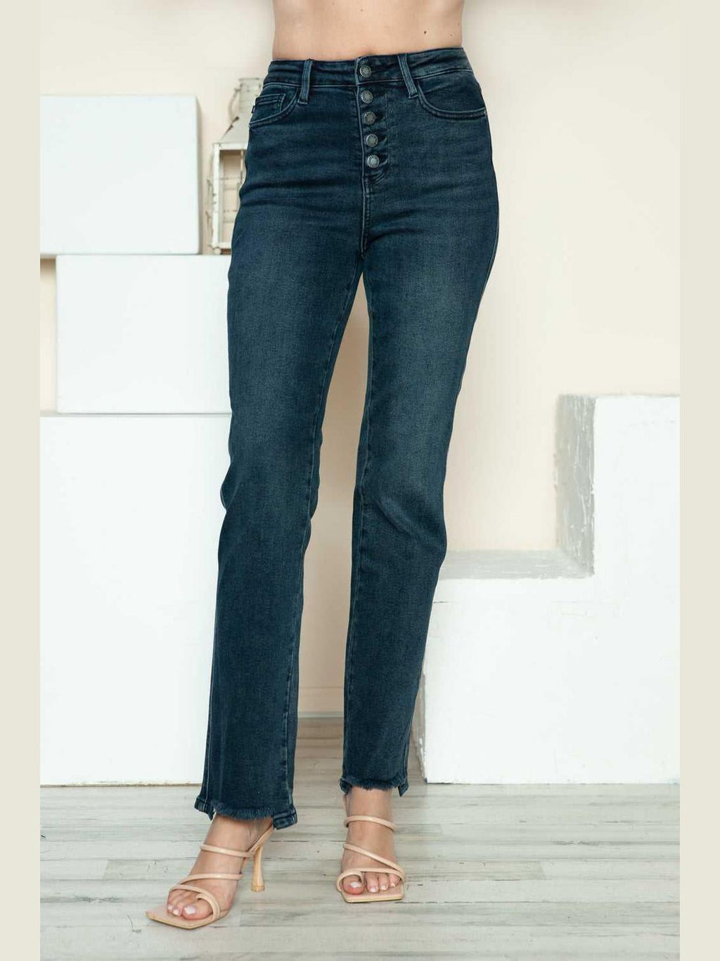 Judy Blue Full Size Button Fly Hem Destroy Straight Jeans -- 